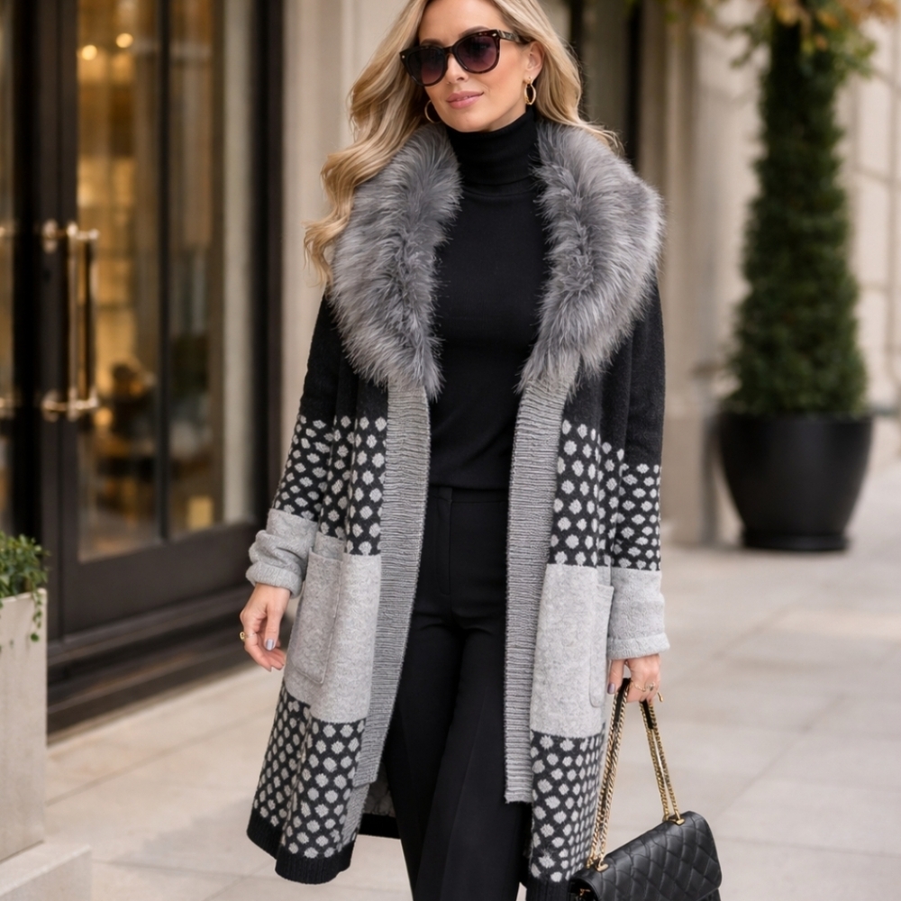 Black / Gray Faux Fox Fur Collar Striped/Dots Long Open Front Soft Cardigan Sz M